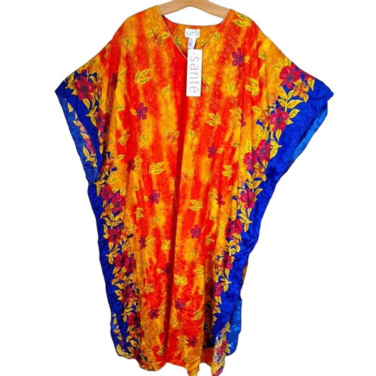 Deadstock Vintage 80s Sunset Orange, Yellow Blue Floral Kaftan One Size - themallvintage The Mall Vintage