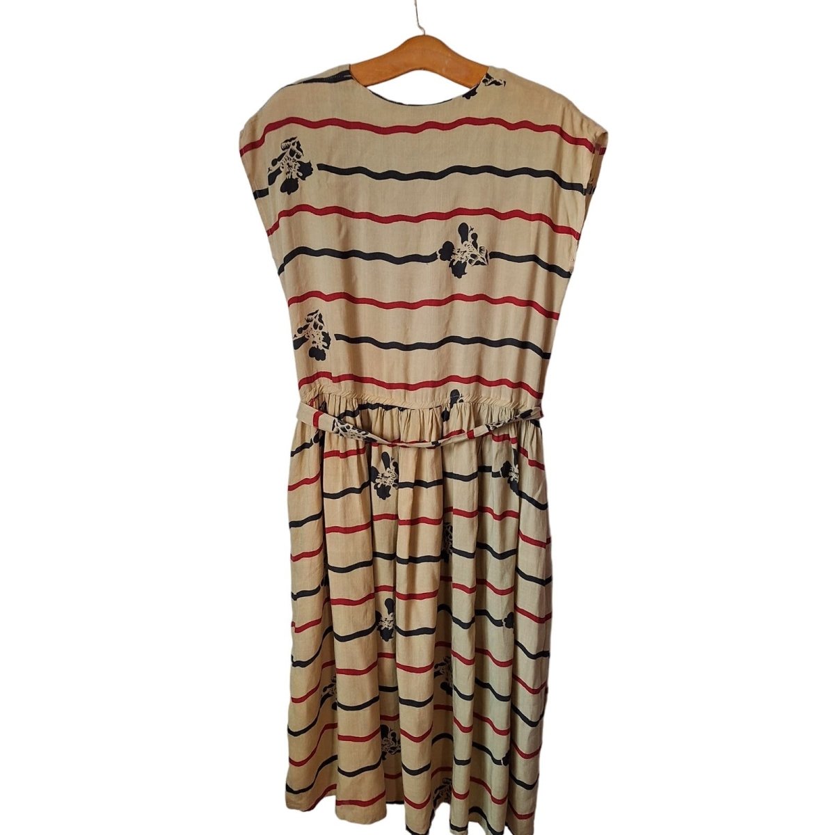 L'affaire Rayon Tan Floral Striped Cap Sleeve Blouson Midi Dress Women Size S/M AS IS - themallvintage The Mall Vintage