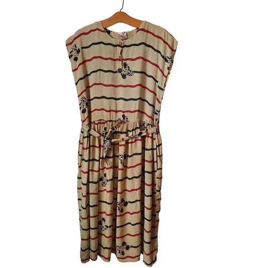 L'affaire Rayon Tan Floral Striped Cap Sleeve Blouson Midi Dress Women Size S/M AS IS - themallvintage The Mall Vintage