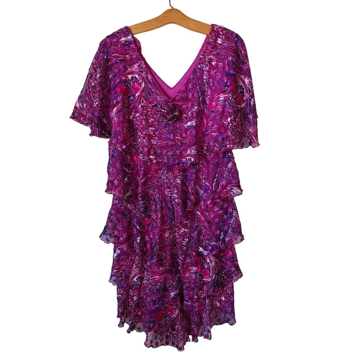 Vintage 70s/80s Hot Pink/Purple Swirl Ruffled Flutter Sleeve Dress Women Size Large - themallvintage The Mall Vintage