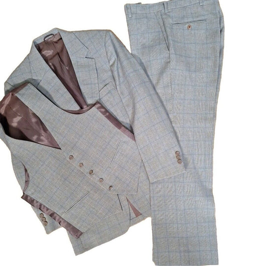 Vintage 80s Beige Plaid 3 PIece Polyester Suit Men Size 38R 32x29 - themallvintage The Mall Vintage
