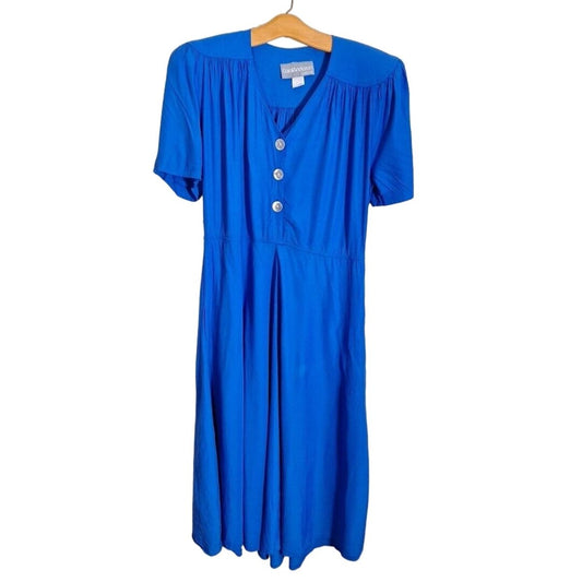 Vintage 80s does 40s Blue Midi Shirt Dress with Epaulettes AS IS Women Size M/L - themallvintage The Mall Vintage