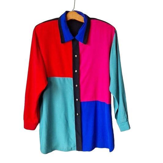 Vintage 80s/90s Color Block Blouse Women Size 12 Large - themallvintage The Mall Vintage