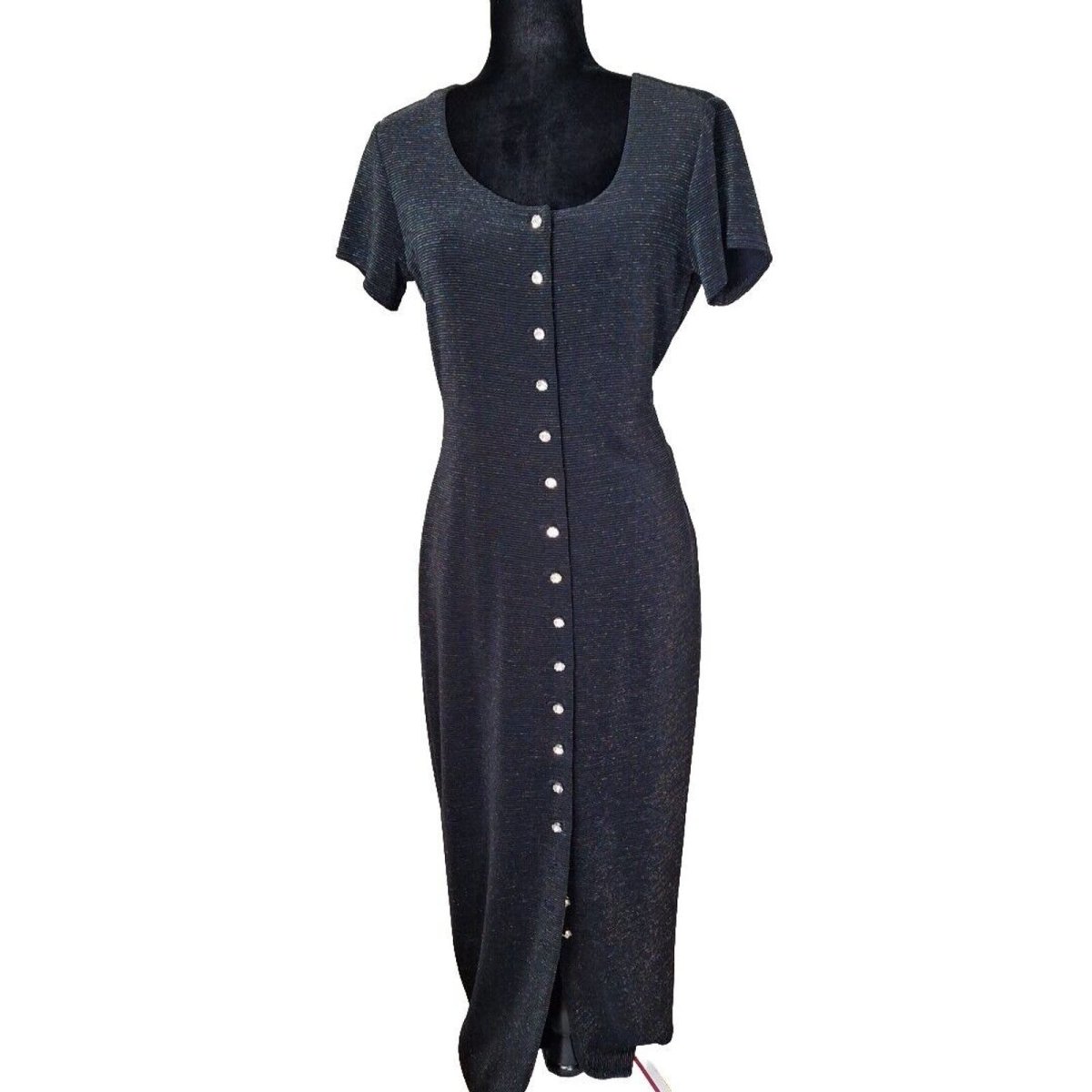 Vintage 90s Black Silver Lurex Rhinestone Button Front Maxi Dress Women Size Medium - themallvintage The Mall Vintage