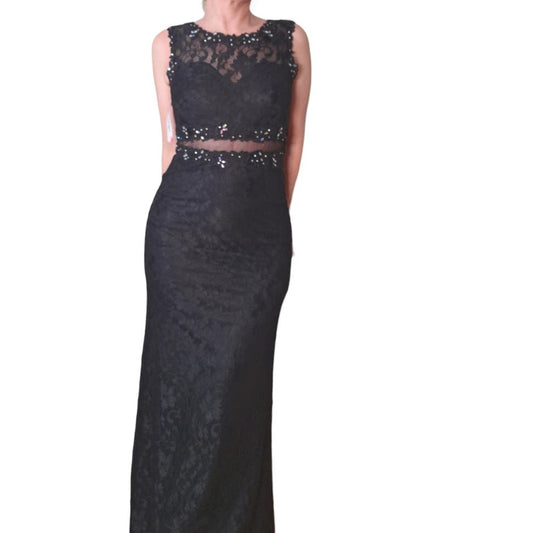 Vintage 90s Deadstock Black Stretch Lace Gown with Mesh and Rhinestone Detail Women Size Small - themallvintage The Mall Vintage