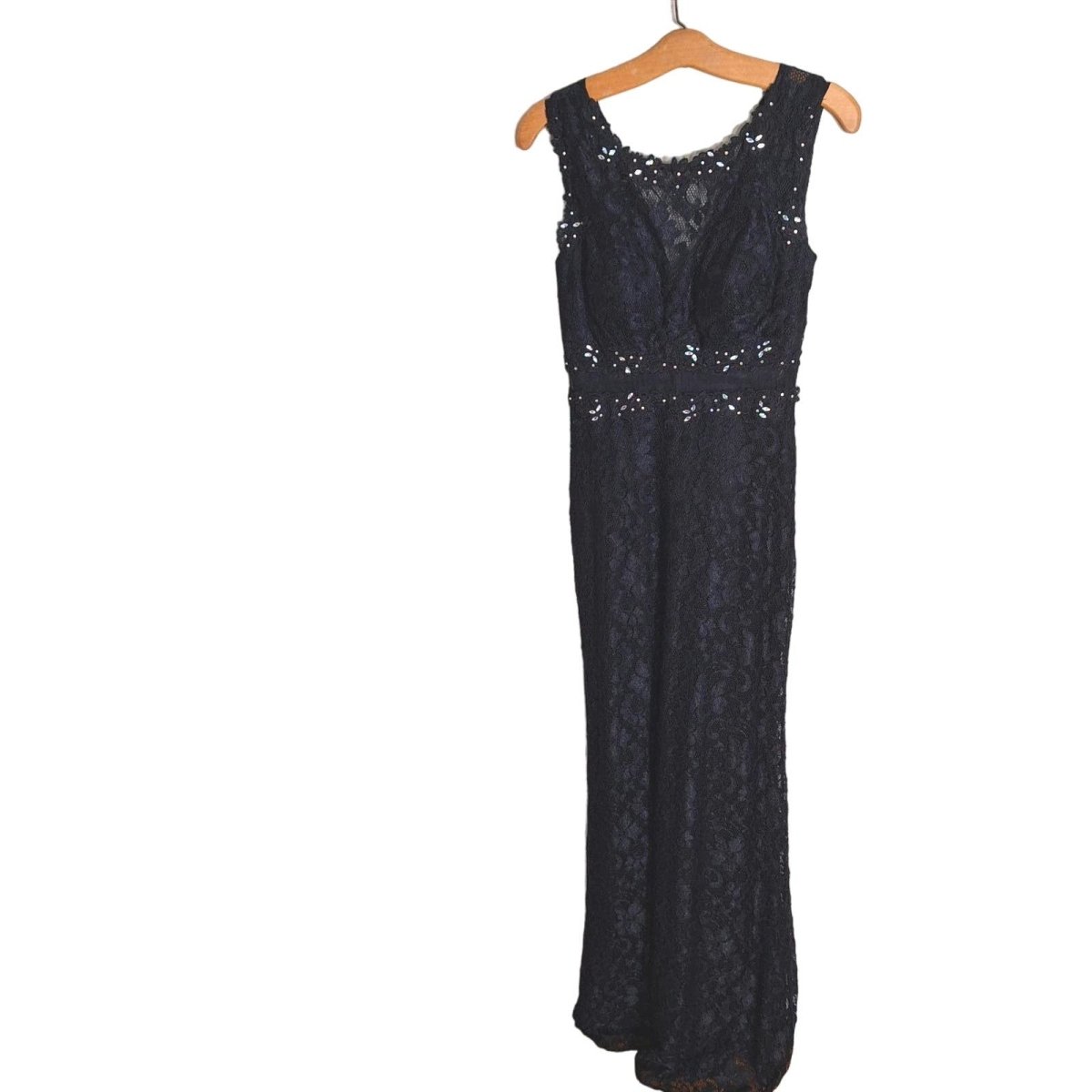Vintage 90s Deadstock Black Stretch Lace Gown with Mesh and Rhinestone Detail Women Size Small - themallvintage The Mall Vintage