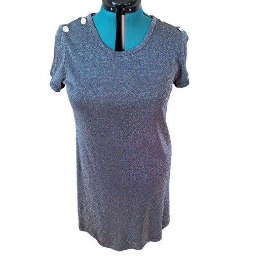 Vintage 90s Silver Lurex Knit Short Sleeve Mini Dress Women Size L/XL - themallvintage The Mall Vintage