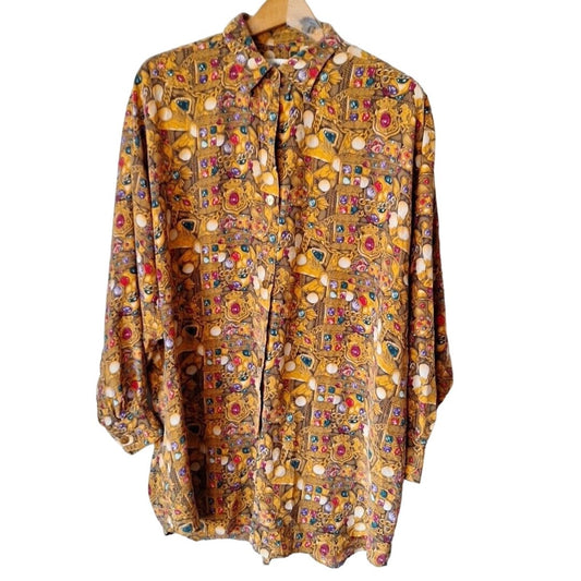 Vintage Ellen Tracy All Silk Gemstone, Chain and Crest Blouse Women Size 12 Large - themallvintage The Mall Vintage
