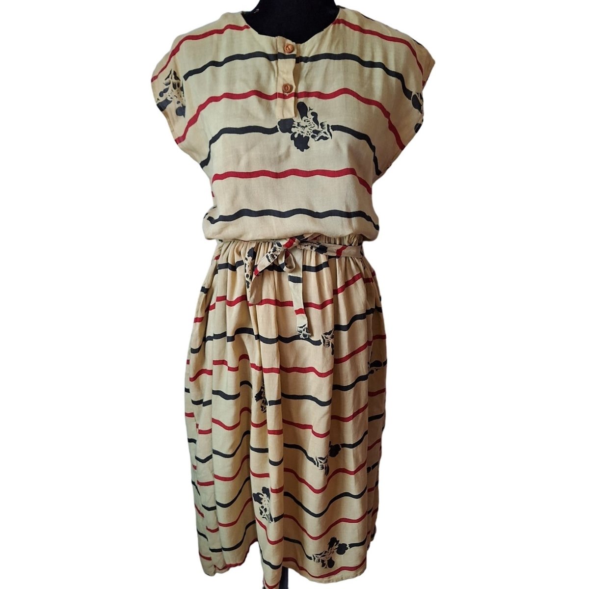 L'affaire Rayon Tan Floral Striped Cap Sleeve Blouson Midi Dress Women Size S/M AS IS - themallvintage The Mall Vintage 1980s 1990s Dresses