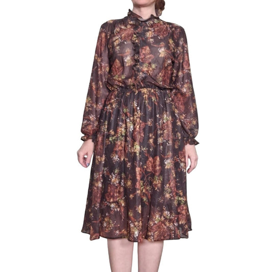 Vintage 70s Fall Leaf Print Semi - sheer Dress Size M/L Women - themallvintage The Mall Vintage 1970s Dresses New Arrival