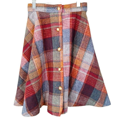 Vintage 70s Girls Kids Plaid A-Line Full Skirt Size 8/10 Button Front Waist 23" - themallvintage The Mall Vintage 1970s Kids