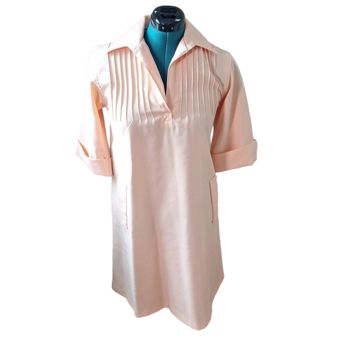 Vintage 70s Peach Polyester A-Line Dress Size Medium Women - themallvintage The Mall Vintage 1970s Dresses Mod