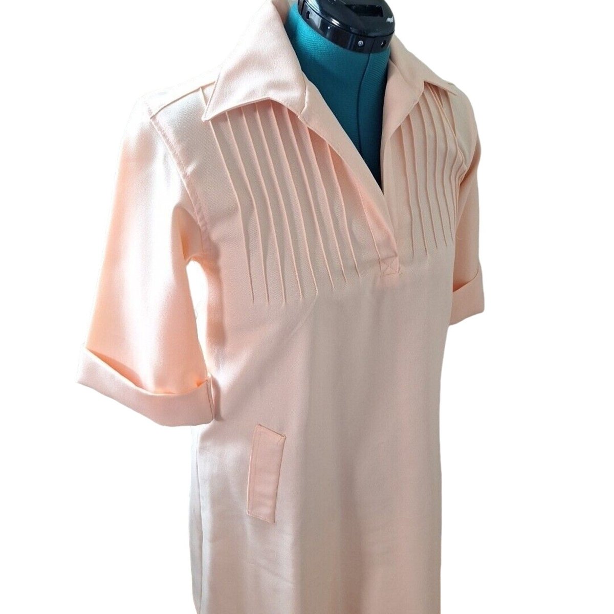 Vintage 70s Peach Polyester A-Line Dress Size Medium Women - themallvintage The Mall Vintage 1970s Dresses Mod