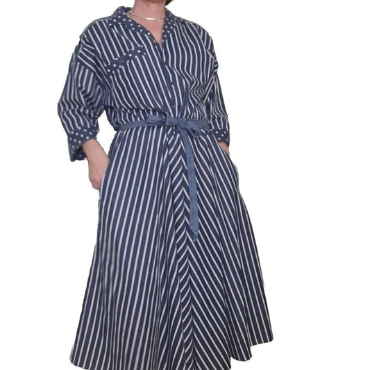 Vintage 80s Blue Stripe/Polka Dot Shirt Dress Size 14 L/XL Women - themallvintage The Mall Vintage 1980s Dresses New Arrival