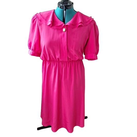 Vintage 80s Hot Pink Sailor Collar Dress Size Large Women - themallvintage The Mall Vintage 1980s Dresses New Arrival