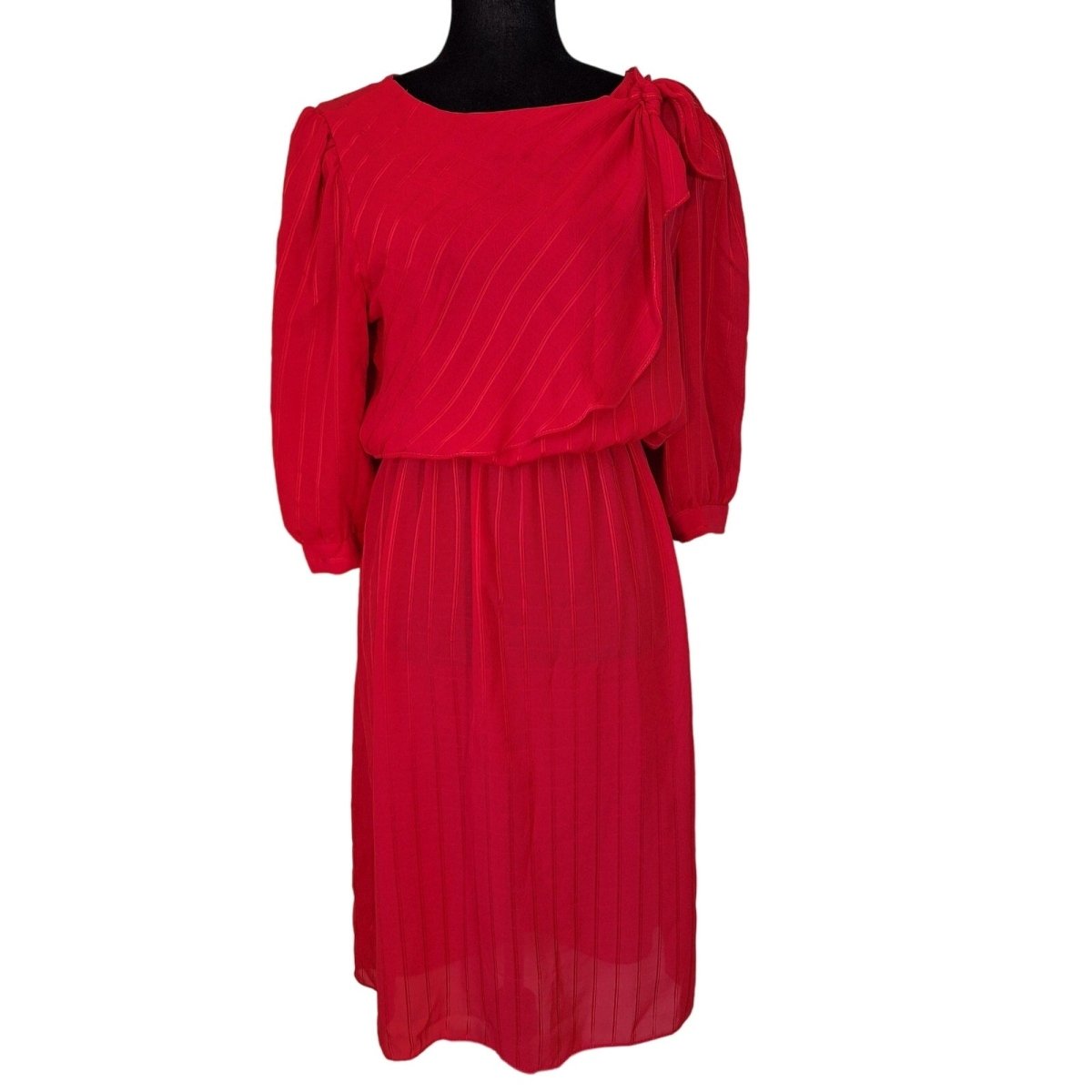 Vintage 80s Red Blouson 3/4 Sleeve Midi Dress Size S/M Women - themallvintage The Mall Vintage 1970s 1980s Dresses