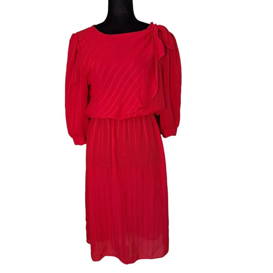Vintage 80s Red Blouson 3/4 Sleeve Midi Dress Size S/M Women - themallvintage The Mall Vintage 1970s 1980s Dresses