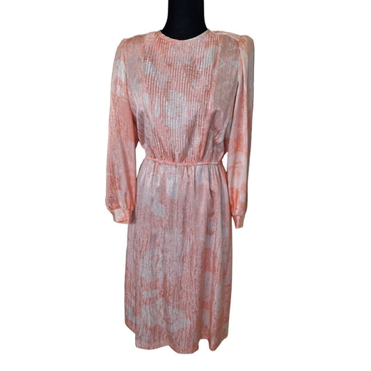 Vintage 80s Shimmery Peachy Pink Secretary Dress Women Size Small to Medium - themallvintage The Mall Vintage 1980s Dresses New Arrival