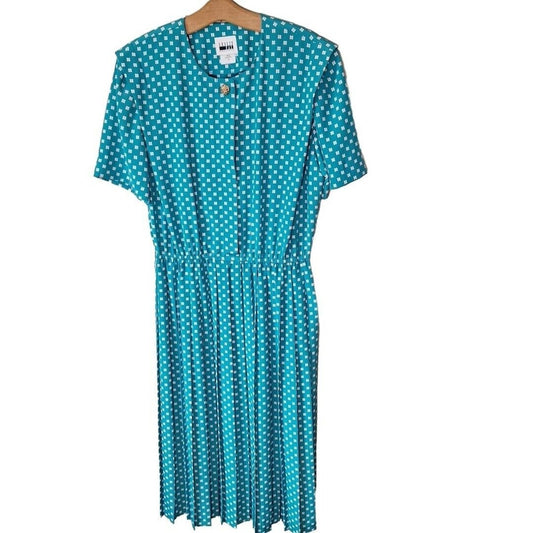 Vintage 80s Teal Floral Dot Midi Shirt Dress Women Size Large - themallvintage The Mall Vintage 1980s Dresses New Arrival