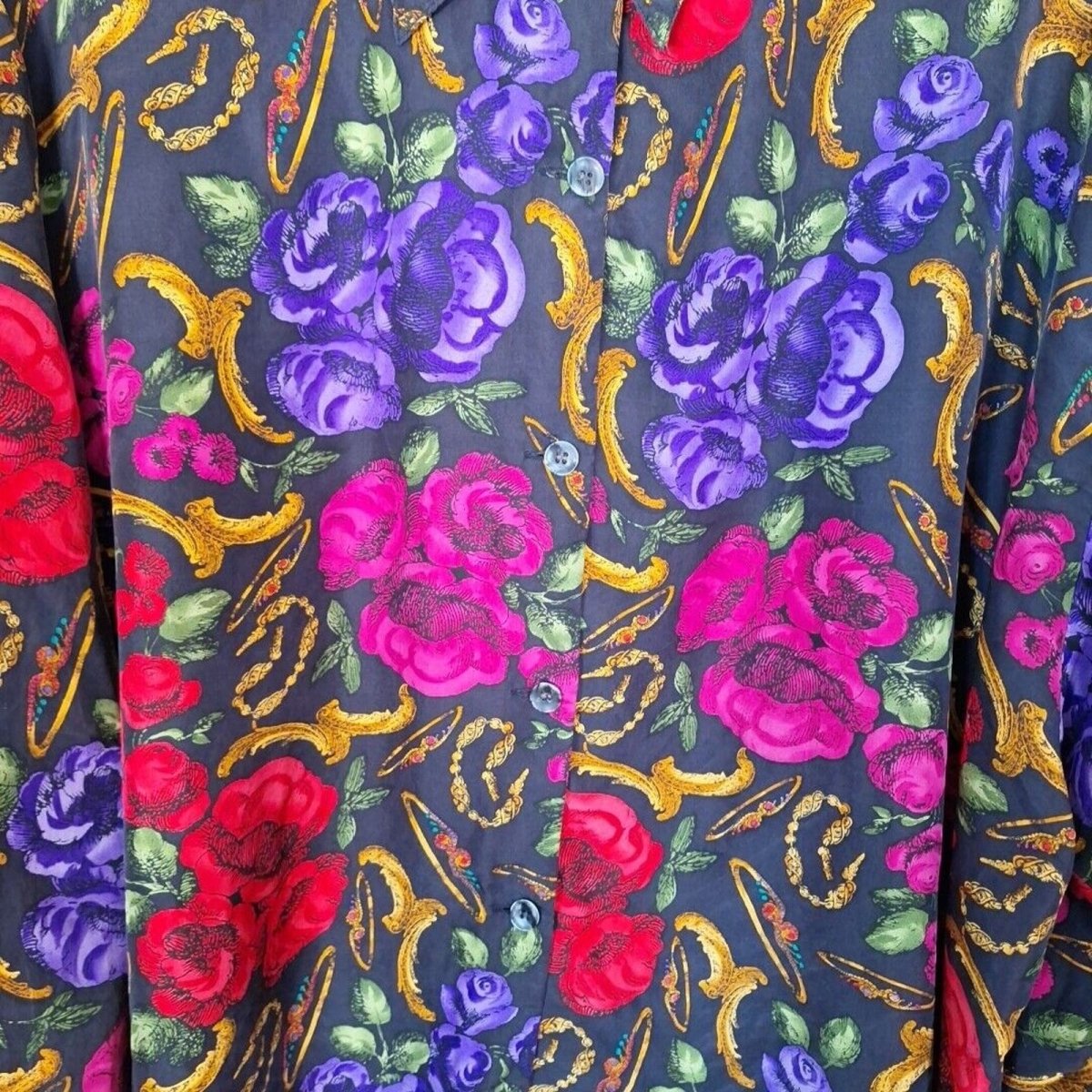 Vintage 80s/90s All Silk Blouse with Floral and Gold Leaf Detail Women Plus Size 26/28 - themallvintage The Mall Vintage