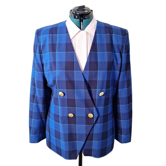 Vintage 80s/90s Blue Plaid Double Breasted Gold Button Blazer Size 16 L/XL Women - themallvintage The Mall Vintage 1980s 1990s Blazers