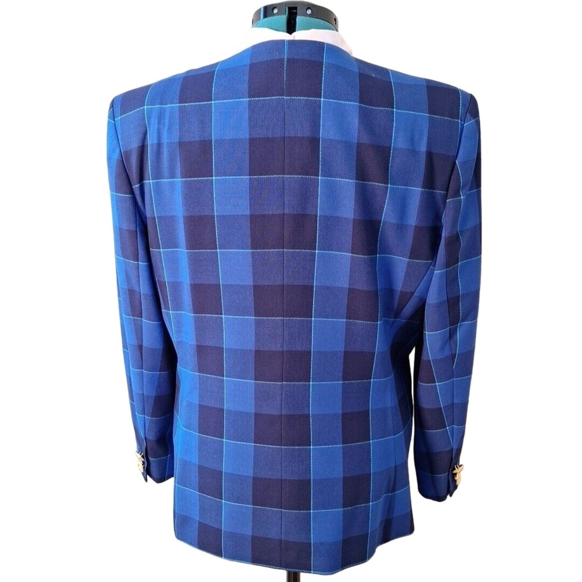 Vintage 80s/90s Blue Plaid Double Breasted Gold Button Blazer Size 16 L/XL Women - themallvintage The Mall Vintage 1980s 1990s Blazers