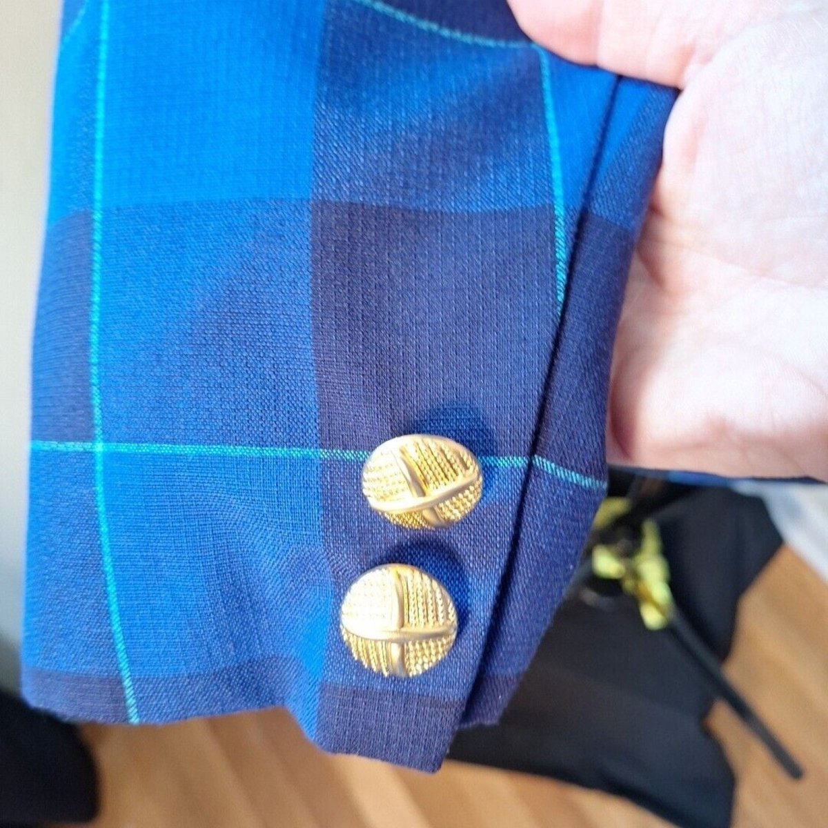 Vintage 80s/90s Blue Plaid Double Breasted Gold Button Blazer Size 16 L/XL Women - themallvintage The Mall Vintage 1980s 1990s Blazers