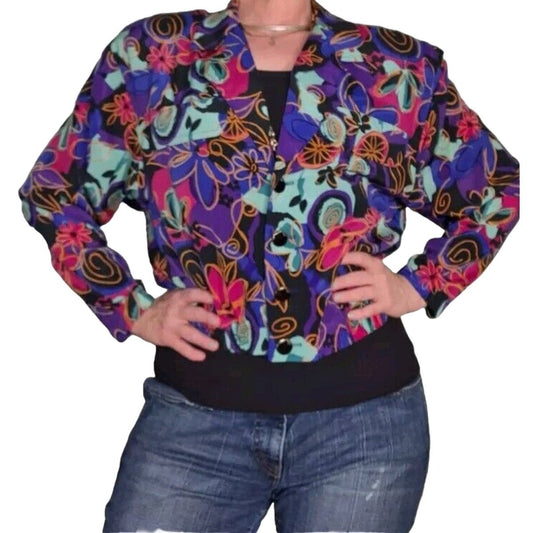 Vintage 80s/90s Bright Floral Lightweight Statement Jacket Women Size Medium - themallvintage The Mall Vintage