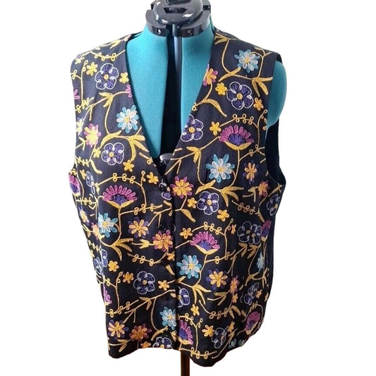 Vintage 90s Floral Embroidered Vest Women Size 2X Chest 50" - themallvintage The Mall Vintage 1980s 1990s New Arrival