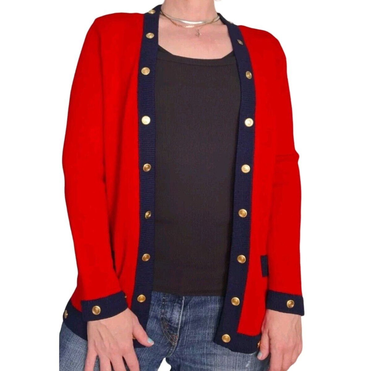 Vintage 90s Red/Navy Open Front Nautical Cardigan Sweater Women Size 6 Medium - themallvintage The Mall Vintage