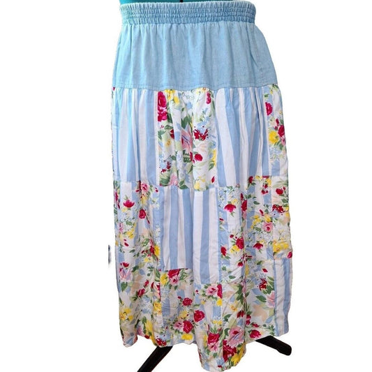Vintage 90s Susan Bristol Blue and White Striped Floral Midi Skirt Women Size 16 L/XL - themallvintage The Mall Vintage