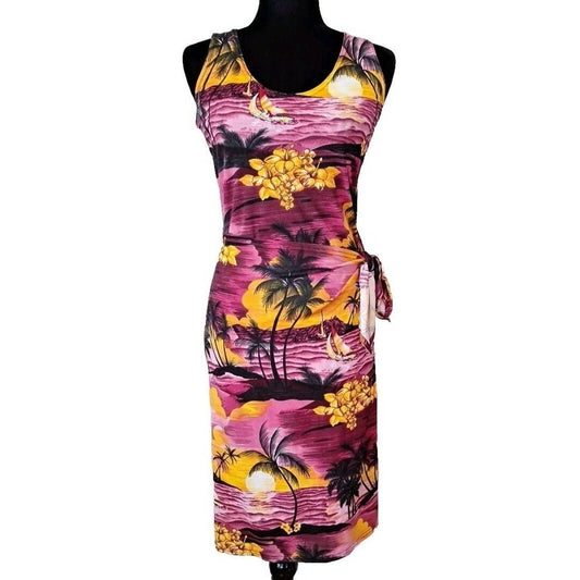 Vintage 90s Tropical Beach Sunset Faux Wrap Dress Size S/M Women - themallvintage The Mall Vintage 1990s Dresses New Arrival