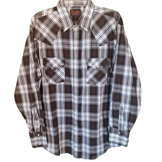 Vintage Brown/Black Plaid Pearl Snap Shrit Size Large Men - themallvintage The Mall Vintage 1980s Menswear New Arrival