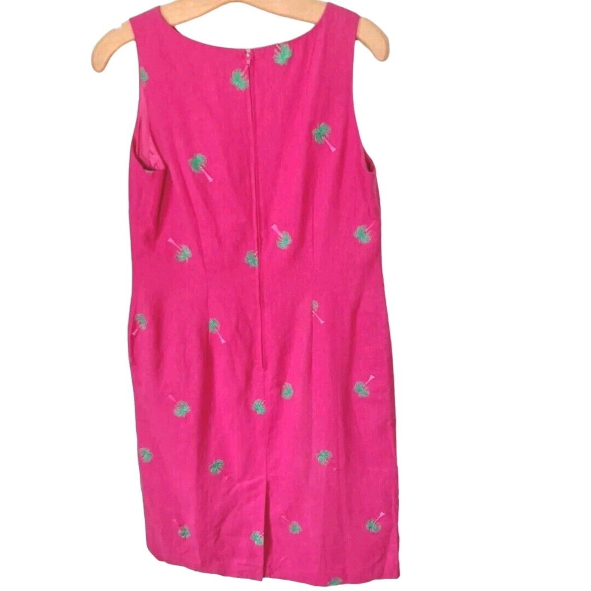 Y2K Hot Pink Linen Blend Palm Tree Embroidered Sheath Dress Women Size 6 Medium - themallvintage The Mall Vintage 1990s Dresses New Arrival