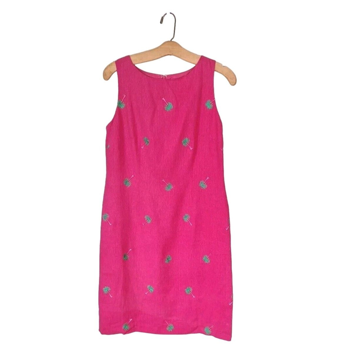 Y2K Hot Pink Linen Blend Palm Tree Embroidered Sheath Dress Women Size 6 Medium - themallvintage The Mall Vintage 1990s Dresses New Arrival