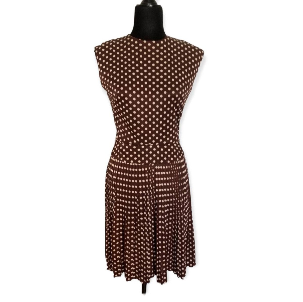 60s Brown Nylon Polka Dot Scooter Dress Small - themallvintage The Mall Vintage