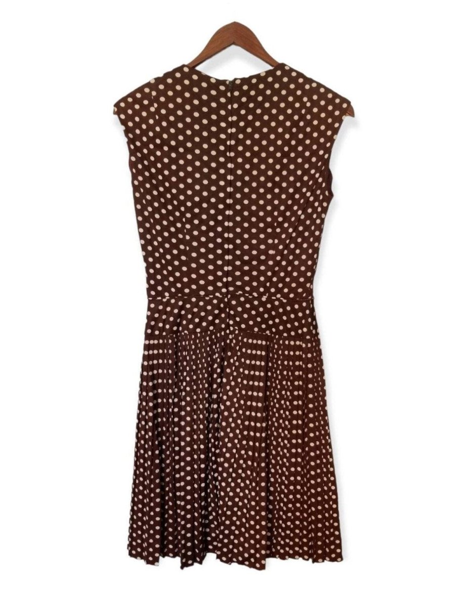 60s Brown Nylon Polka Dot Scooter Dress Small - themallvintage The Mall Vintage