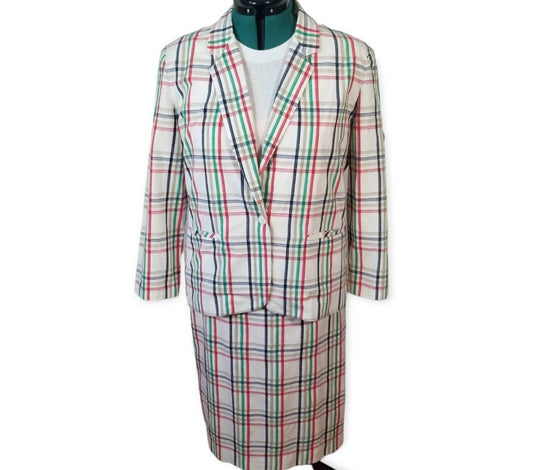 70s Boston Traveler White Plaid Skirt Suit 15/16 L/XL - themallvintage The Mall Vintage