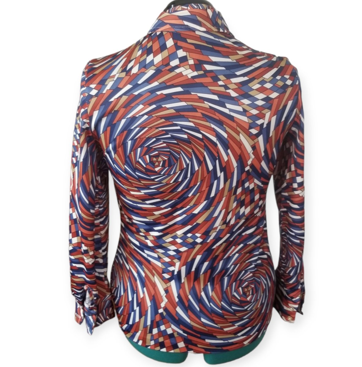 70s Psychedelic OpArt Swirl Dagger Collar Shirt Women M/L - themallvintage The Mall Vintage