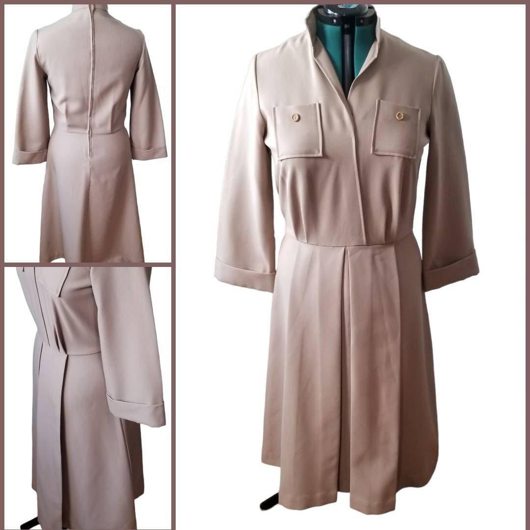 70s Tan Polyester Utility Uniform Dress 10/12 M/L - themallvintage The Mall Vintage
