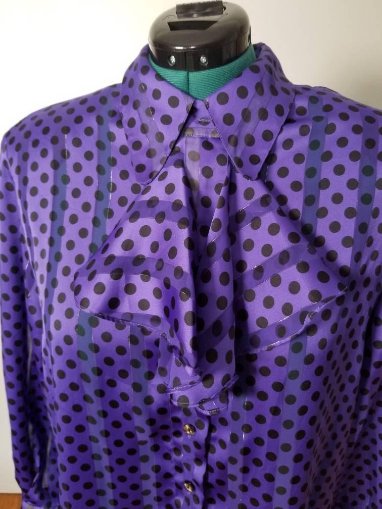80s Galinda Wang Sheer Purple Polka Dot Bow Blouse 20W - themallvintage The Mall Vintage