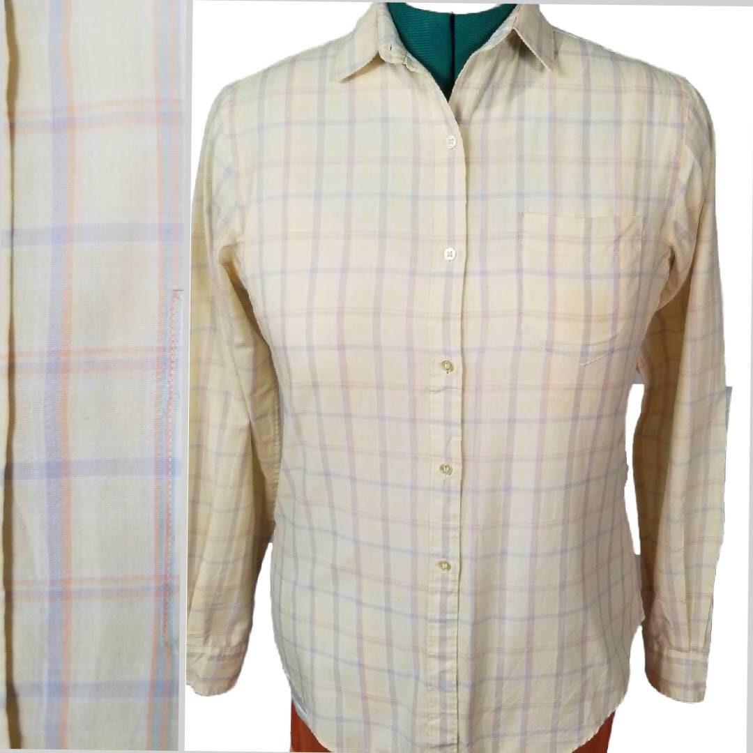 80s Pastel Windowpane Yellow Plaid Button Up Shirt Women Large - themallvintage The Mall Vintage
