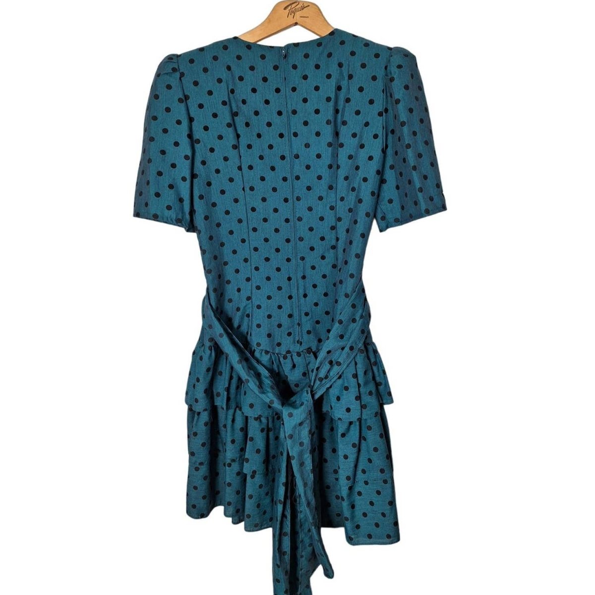 80s Teal/Black Polka Dot Ruffled Drop Waist Party Dress Size 7 Small - themallvintage The Mall Vintage