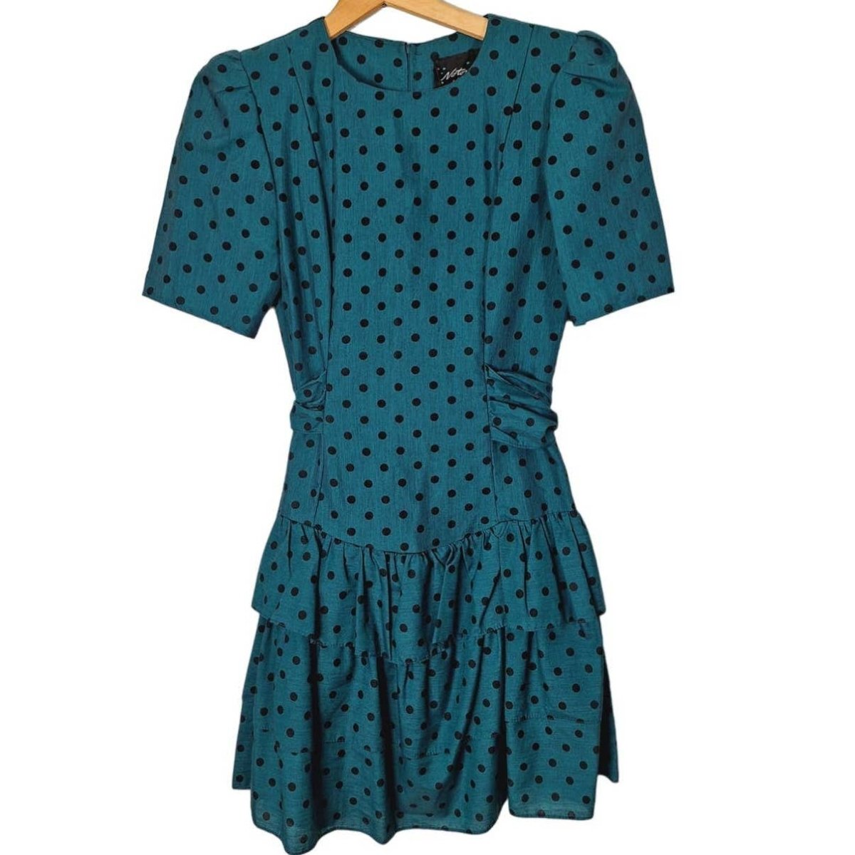80s Teal/Black Polka Dot Ruffled Drop Waist Party Dress Size 7 Small - themallvintage The Mall Vintage