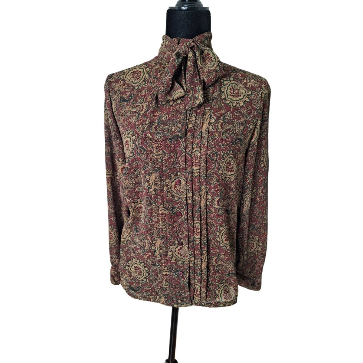 80s Valentina High Neck Paisley P Bow Blouse Size 8 - themallvintage The Mall Vintage