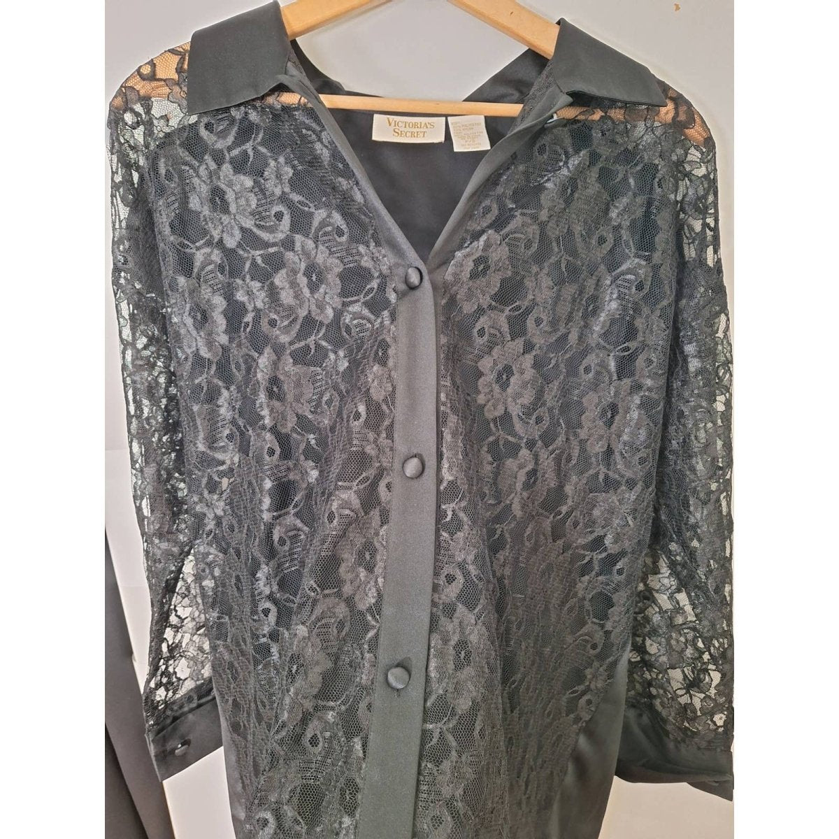 80s/90s Black Sheer Lace Oversized Button Up Lingerie Shirt Size Small Chest up to 50" - themallvintage The Mall Vintage