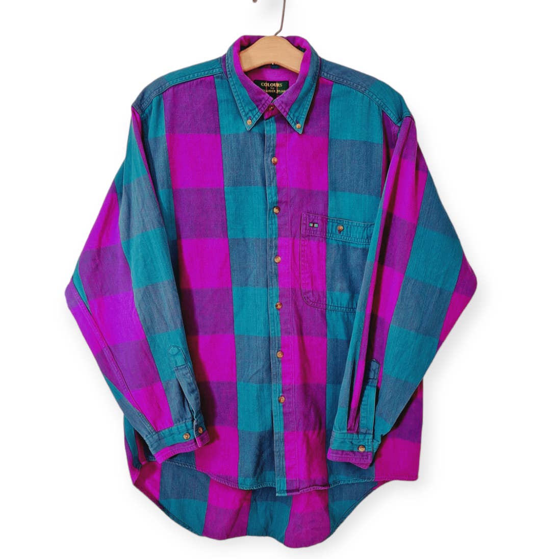 80s/90s Turquoise/Fuchsia Buffalo Plaid All Cotton Button Down Shirt Size Medium - themallvintage The Mall Vintage