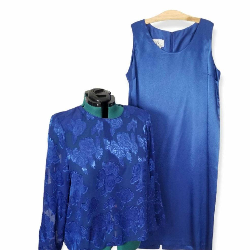 80s/90s Willi of California Electric Blue Satin Dress w/ Sheer Top Size 20 - themallvintage The Mall Vintage