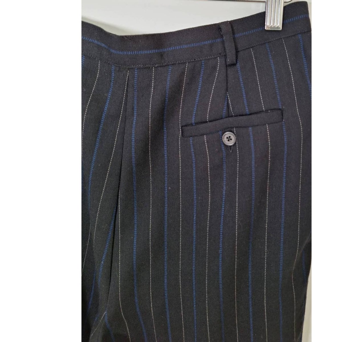 90s Black & Electric Blue Wool Pinstripe Pants Size 8 Waist 30" - themallvintage The Mall Vintage
