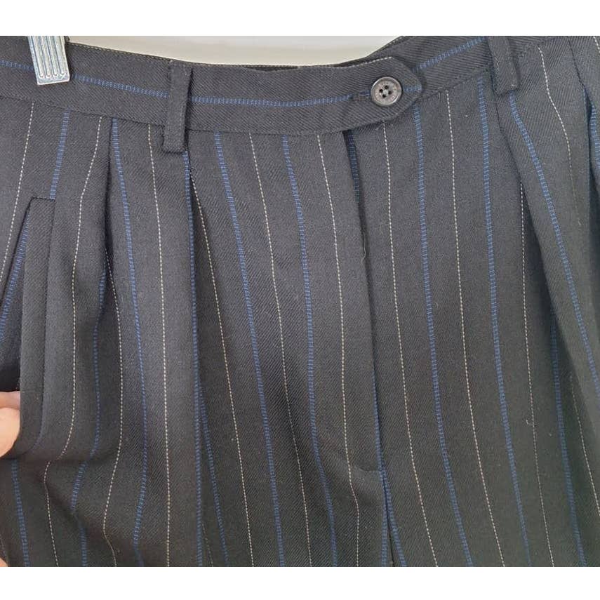 90s Black & Electric Blue Wool Pinstripe Pants Size 8 Waist 30" - themallvintage The Mall Vintage